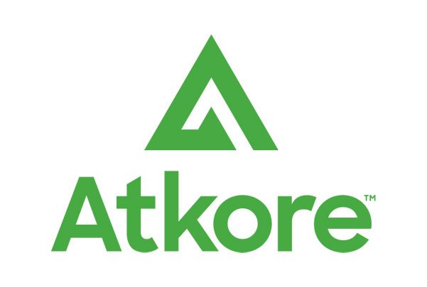 Green Atkore logo: green triangle with a white cutout, and green wordmark 