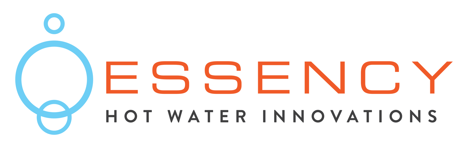 Essency Hot Water Innovations logo: blue bubbles and orange text on a white background.