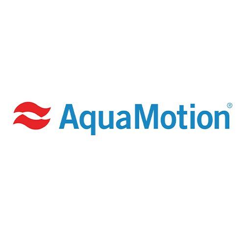Logo for AquaMotion, blue text and red wave graphic.