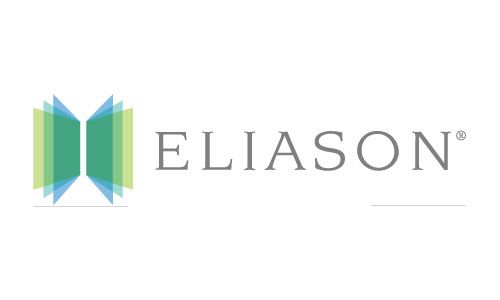 Logo for Eliason, featuring a geometric design with green and blue rectangles, and the name in gray text.