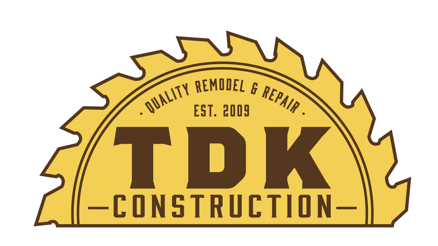 A yellow, semi-circular saw blade logo for TDK Construction, featuring the text