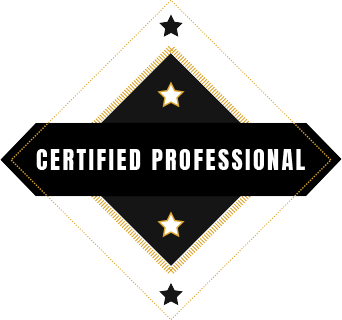 A black diamond-shaped badge featuring the text
