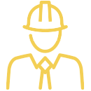 A yellow outlined icon of a professional wearing a hard hat and a collared shirt with a tie.