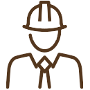 Brown line icon of a person wearing a hard hat and a tie, representing a professional or engineer.