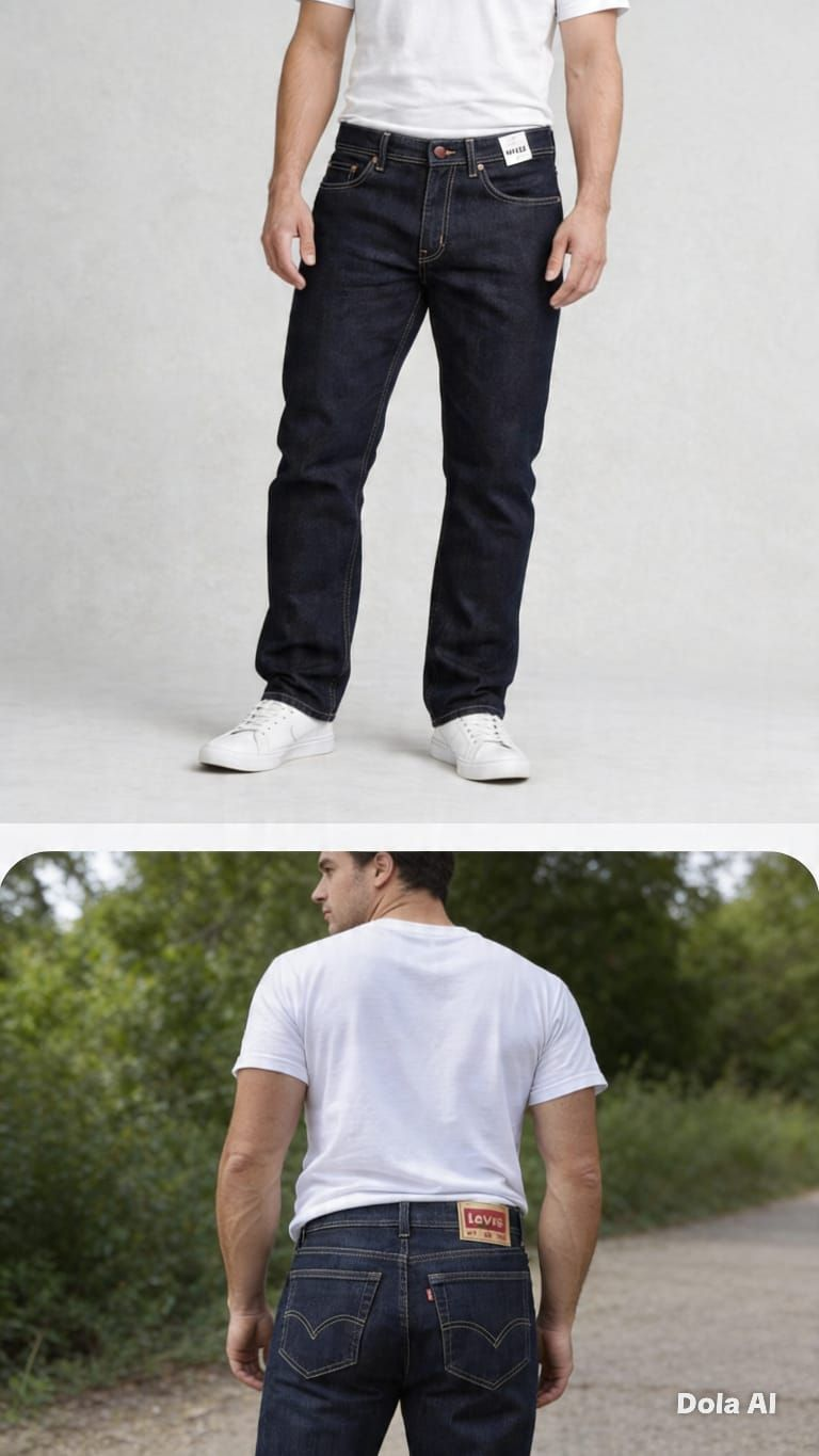 Vistas frontal y trasera de unos vaqueros azul oscuro con una camiseta blanca y zapatillas deportivas en una modelo.