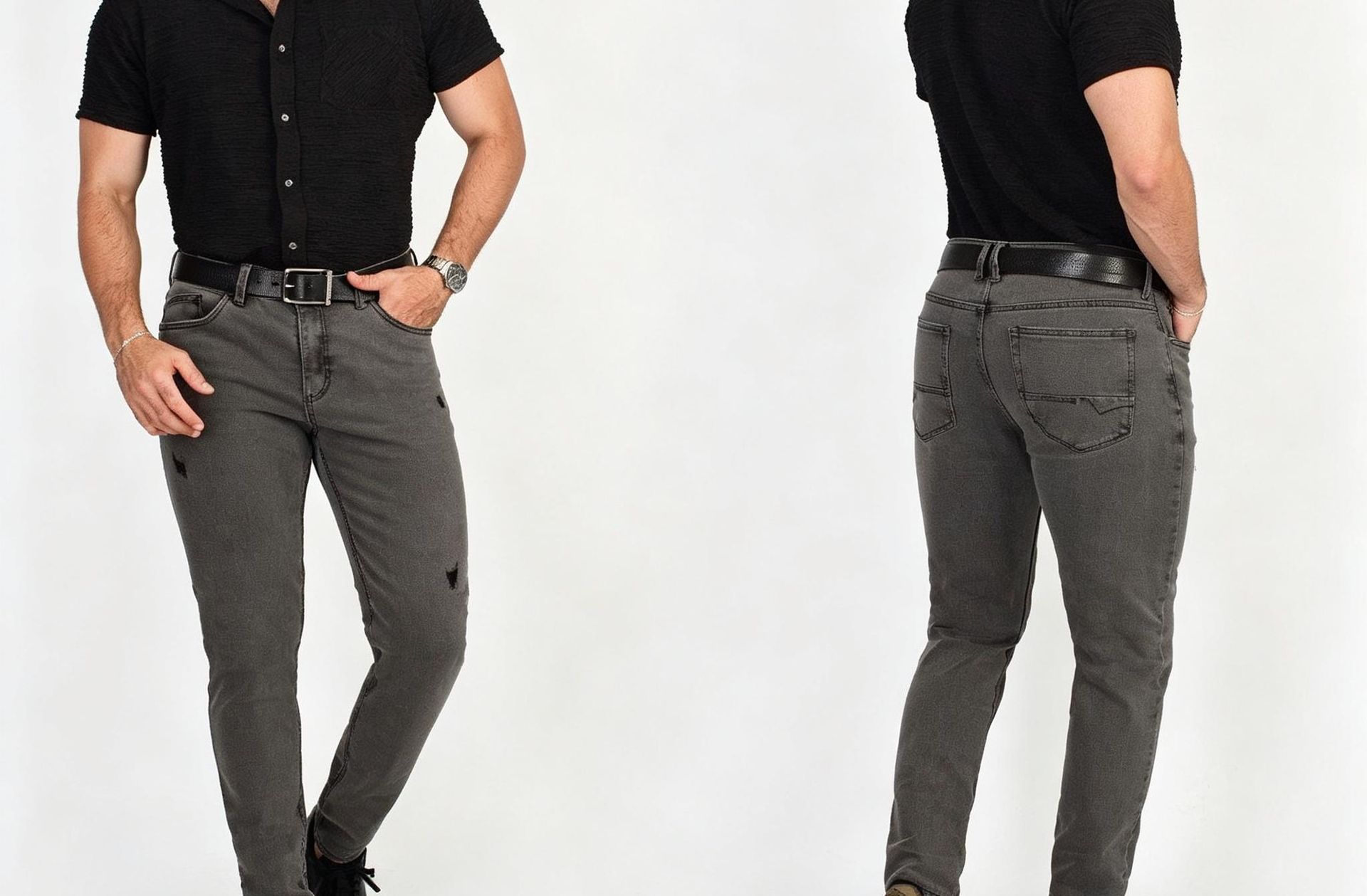 Hombre modelando jeans grises de frente y de espaldas sobre un fondo blanco.