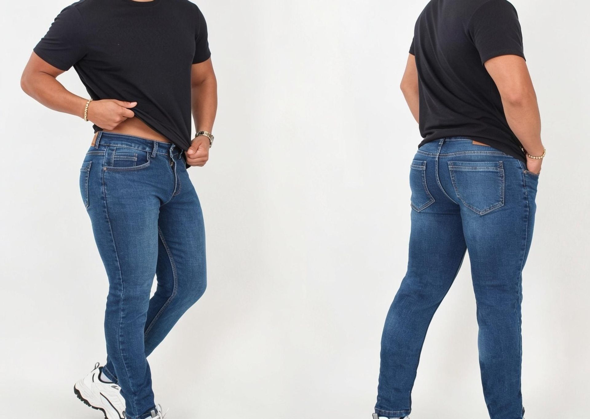 Persona modelando una camiseta negra y vaqueros azules, mostrada de frente y de espaldas sobre un fondo blanco.