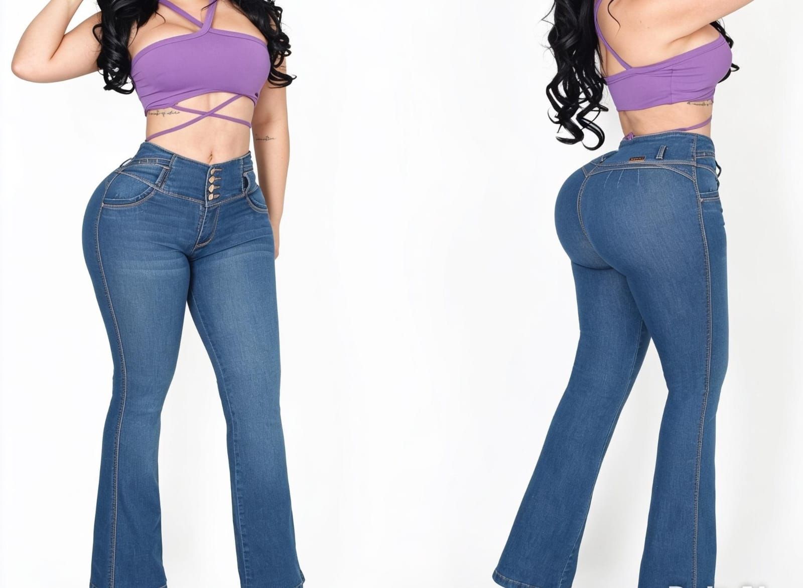Mujer modelando un top morado cruzado y jeans azules acampanados, vista frontal y trasera.