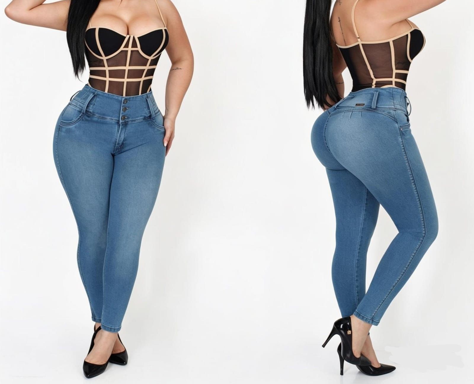 Mujer modelando jeans azules y un top corsé negro transparente, mostrados de frente y de espaldas sobre un fondo blanco.