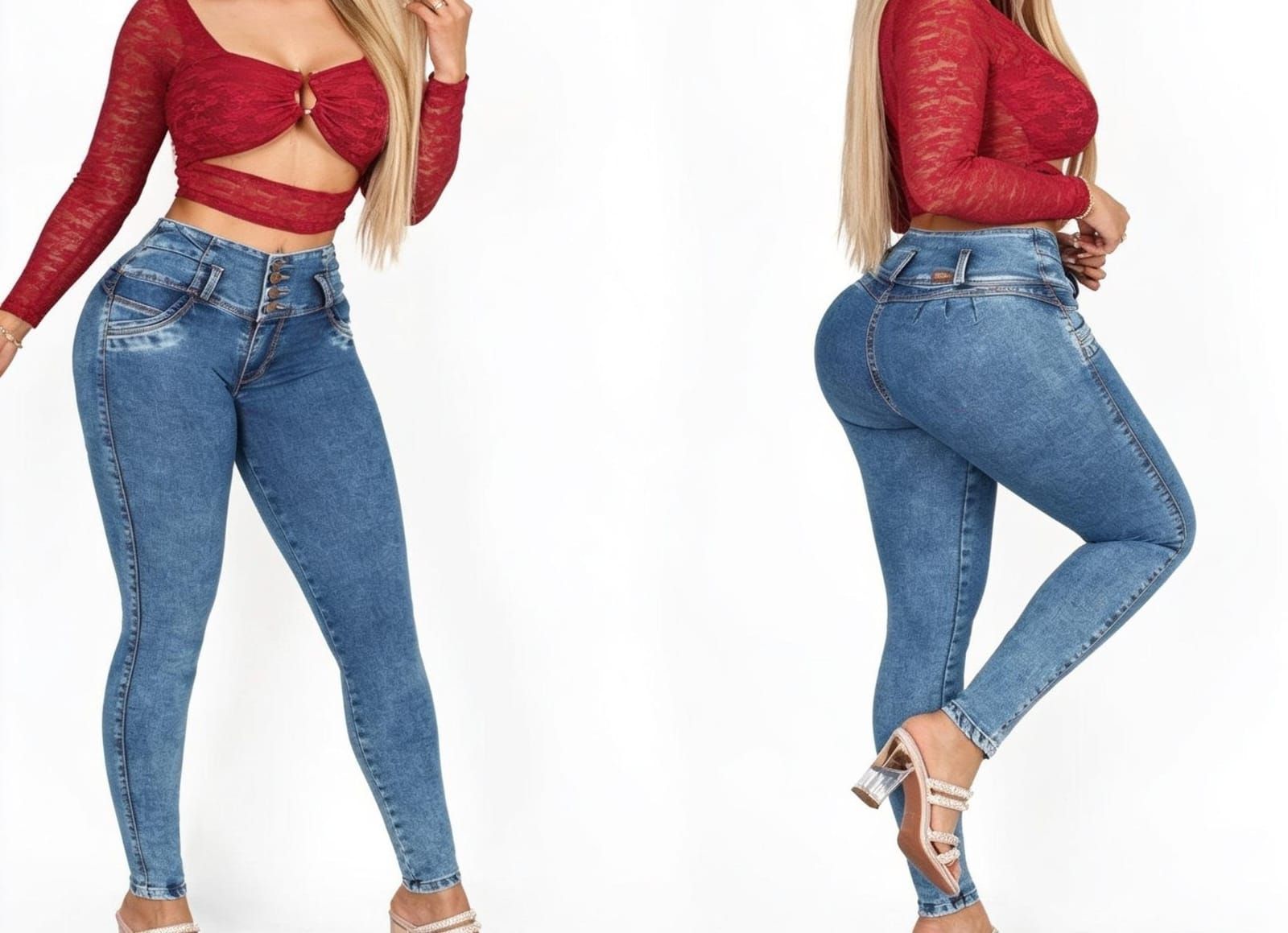 Mujer modelando un top corto rojo y jeans azules, mostrada de pie y de perfil sobre un fondo blanco.