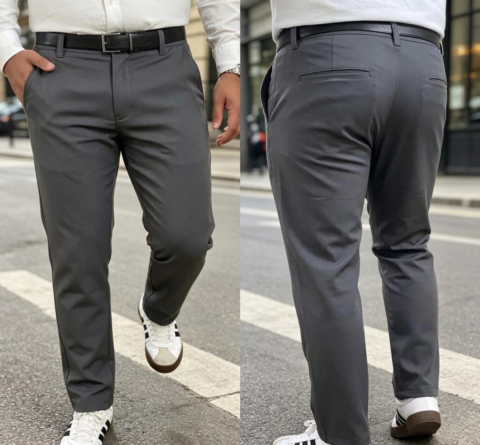 Dos personas que caminan con pantalones de vestir grises por un paso de peatones en la ciudad,