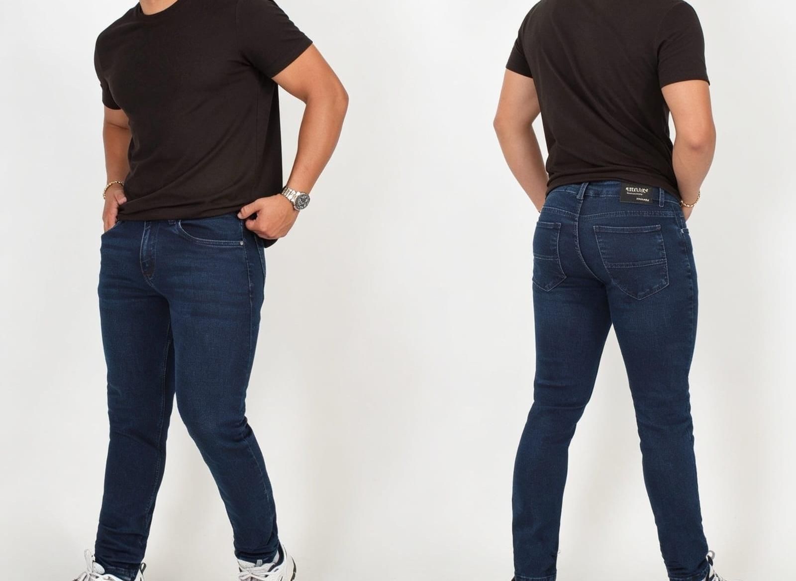 Persona con camiseta negra y vaqueros, vista de frente y de espaldas sobre un fondo blanco.