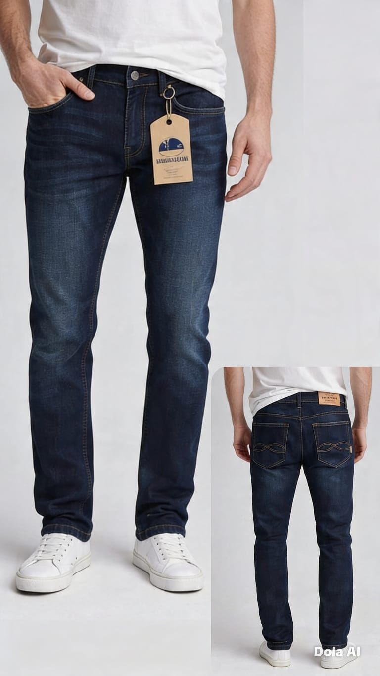 Modelo con vaqueros azul oscuro y zapatillas blancas; se muestran las vistas frontal