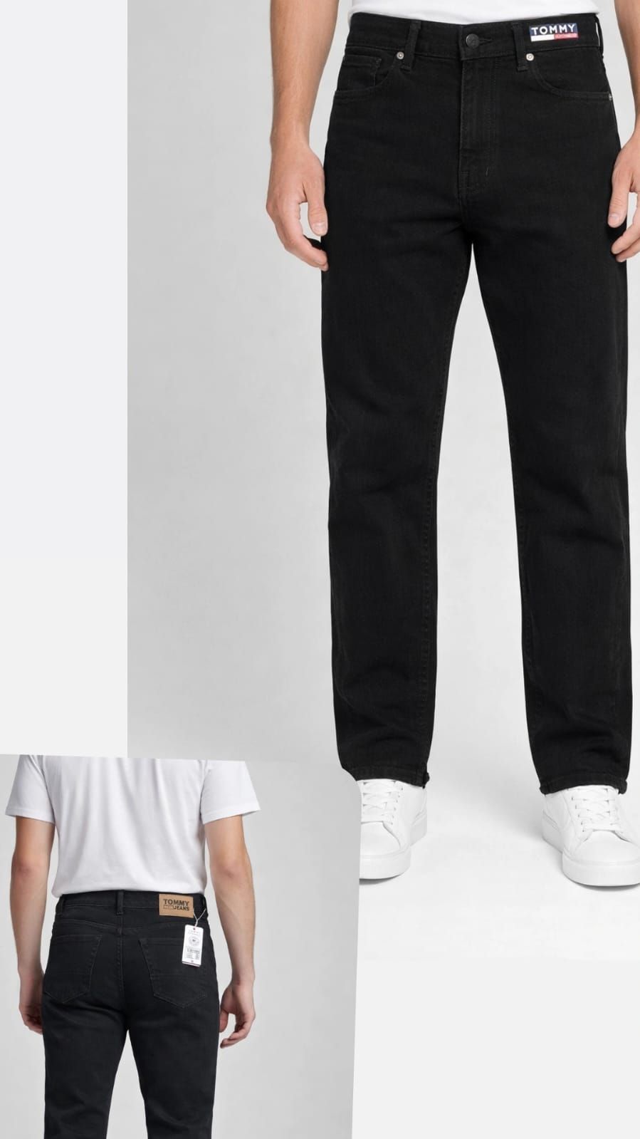 Una modelo luce pantalones negros, mostrados de frente y en una vista lateral insertada, con zapatos blancos