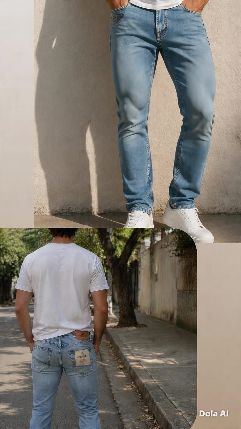 Persona con vaqueros azul claro y camiseta blanca de pie al aire libre, apoyada contra una pared; vistas frontal y posterior.
