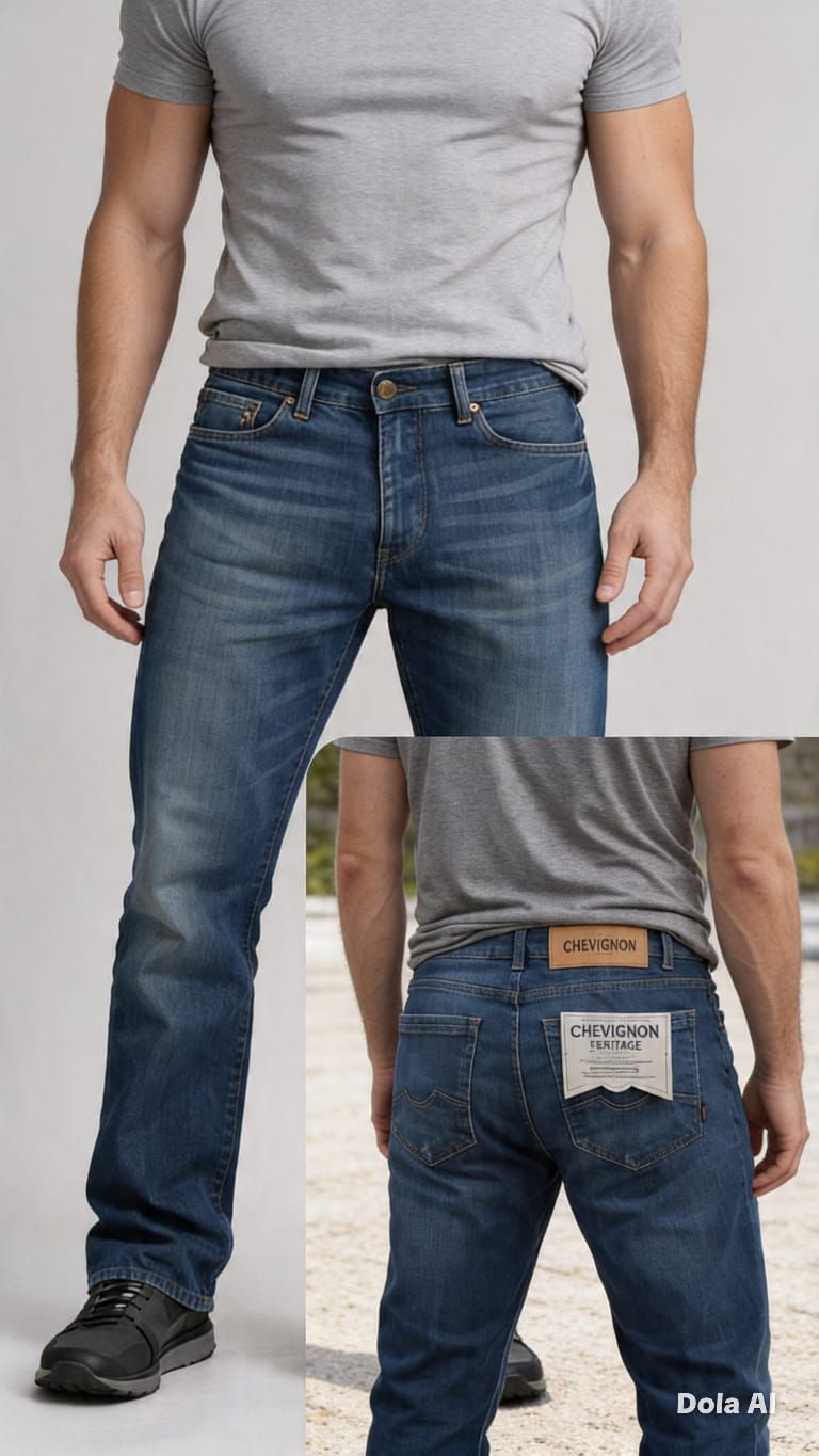 Hombre con camiseta gris y vaqueros azules, vistas frontal y posterior sobre un fondo blanco.