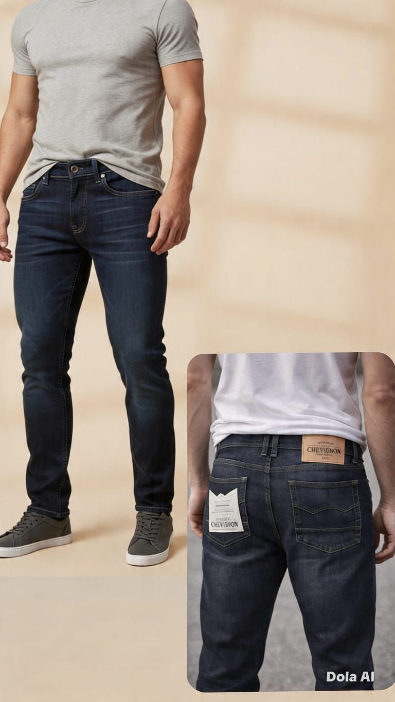 Una modelo luce una camiseta gris y vaqueros oscuros, con un primer plano que muestra los bolsillos traseros