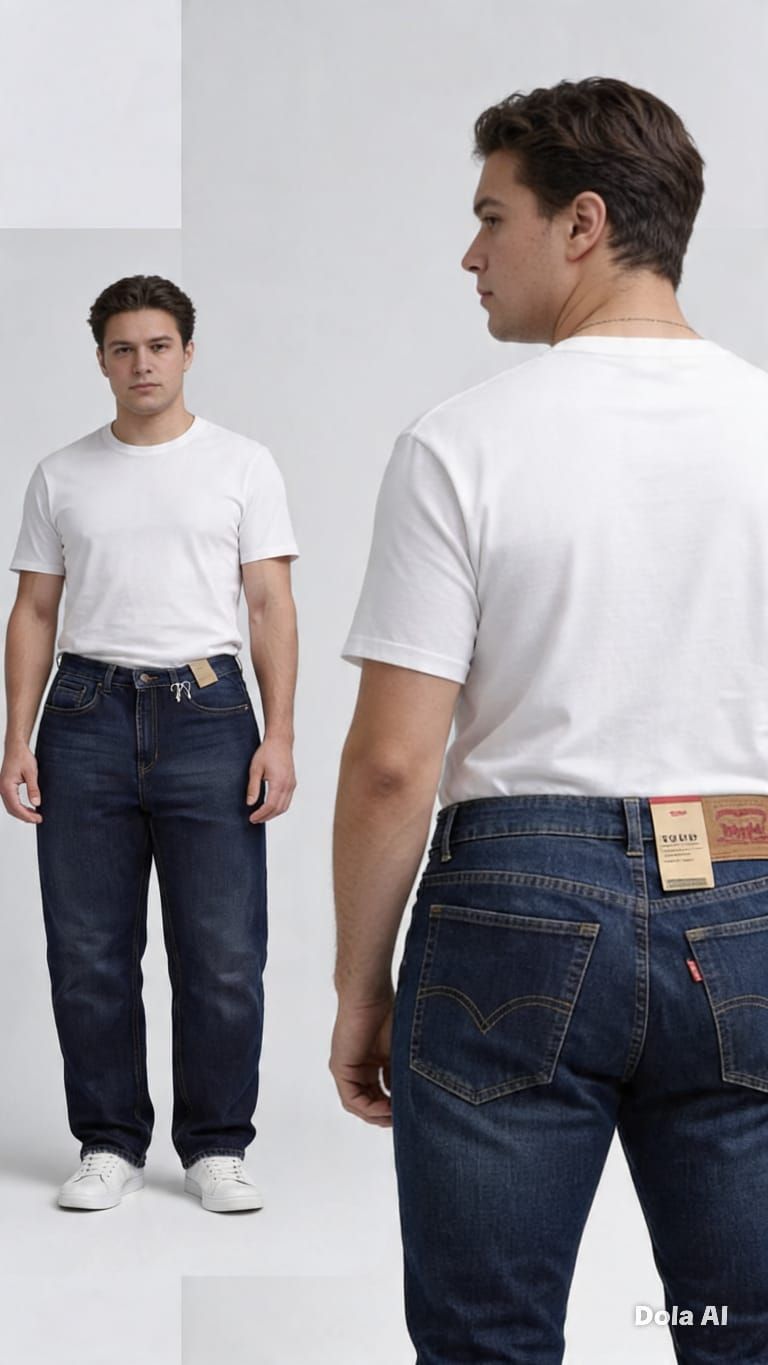 Camiseta blanca y vaqueros oscuros mostrados de frente y de espaldas sobre un fondo liso.