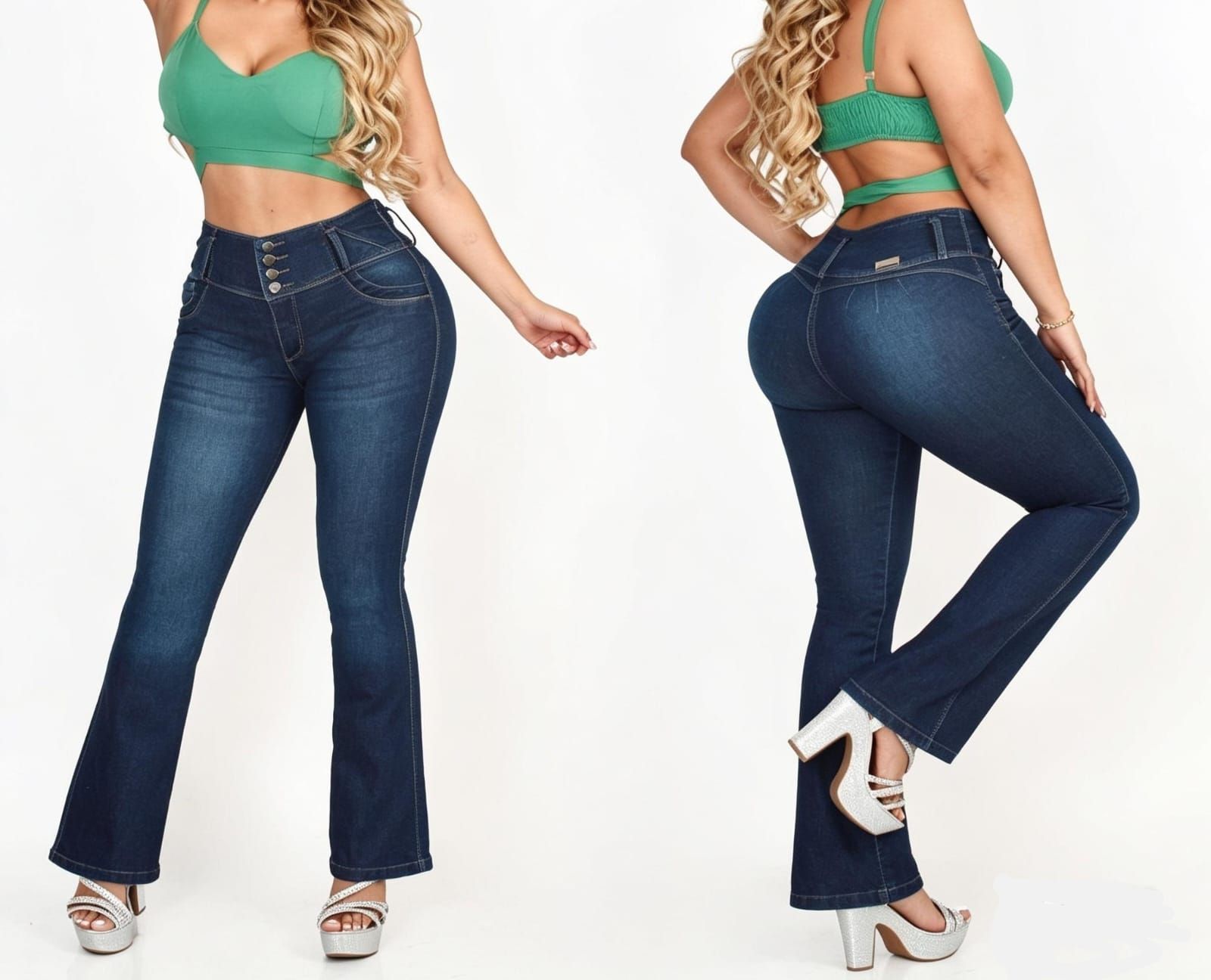 Dos vistas de una modelo con pantalones vaqueros acampanados azul oscuro, top corto verde