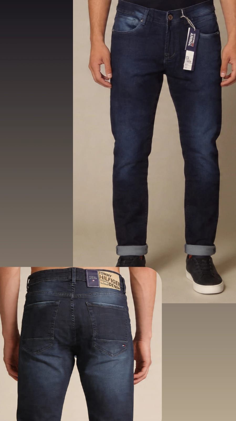Pantalones vaqueros azules con dobladillos enrollados, mostrados por delante y por detrás,