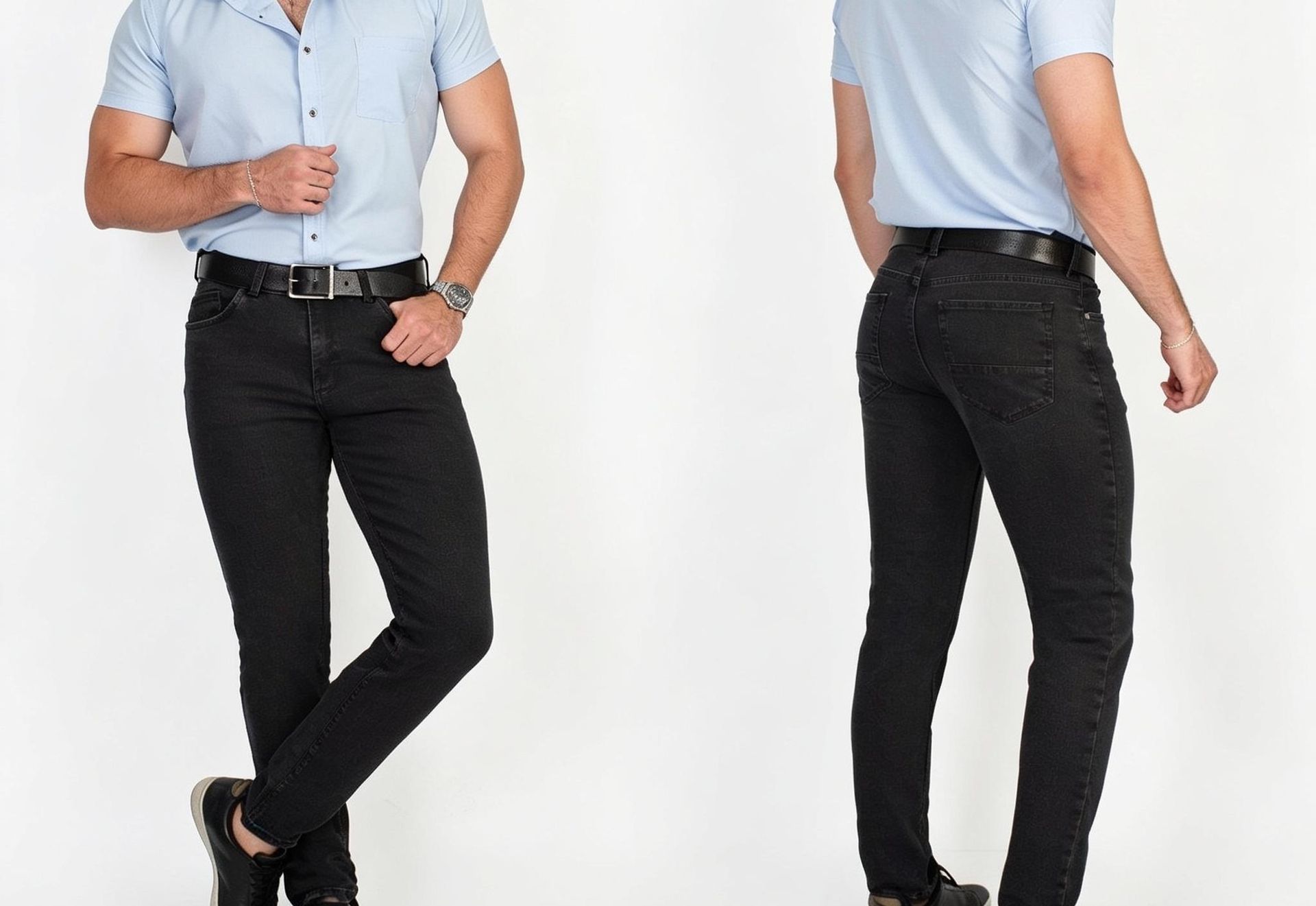 Dos vistas de un hombre con camisa azul claro y pantalones vaqueros negros sobre un fondo blanco.