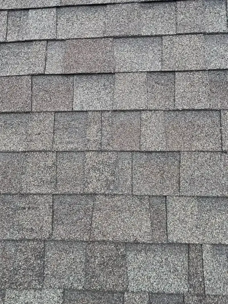 Close-up of weathered gray asphalt roof shingles.