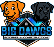 Logo: Cartoon dogs, orange and black, above blue roof, text "BIG DAWGS Roofing & Construction".