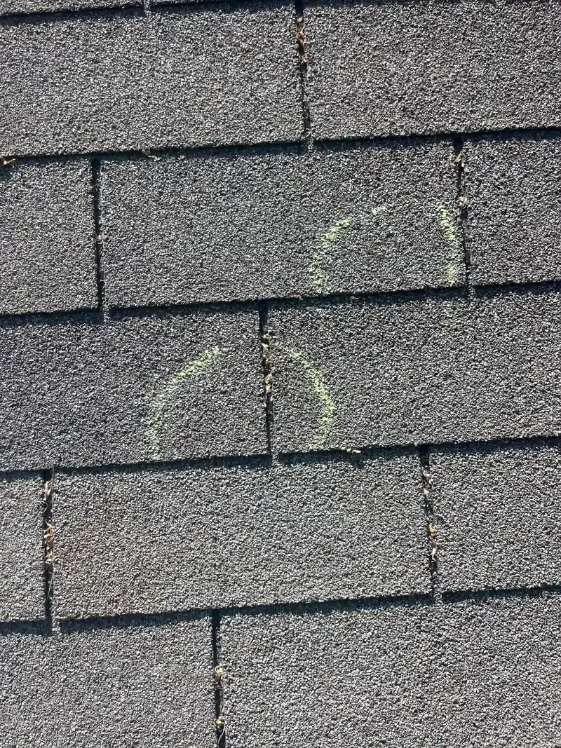 Close-up of asphalt shingle roof with a faded, green-colored arch marking a possible spot of damage or assessment.
