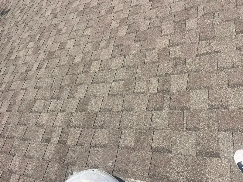 Overhead view of a brown asphalt shingle roof.
