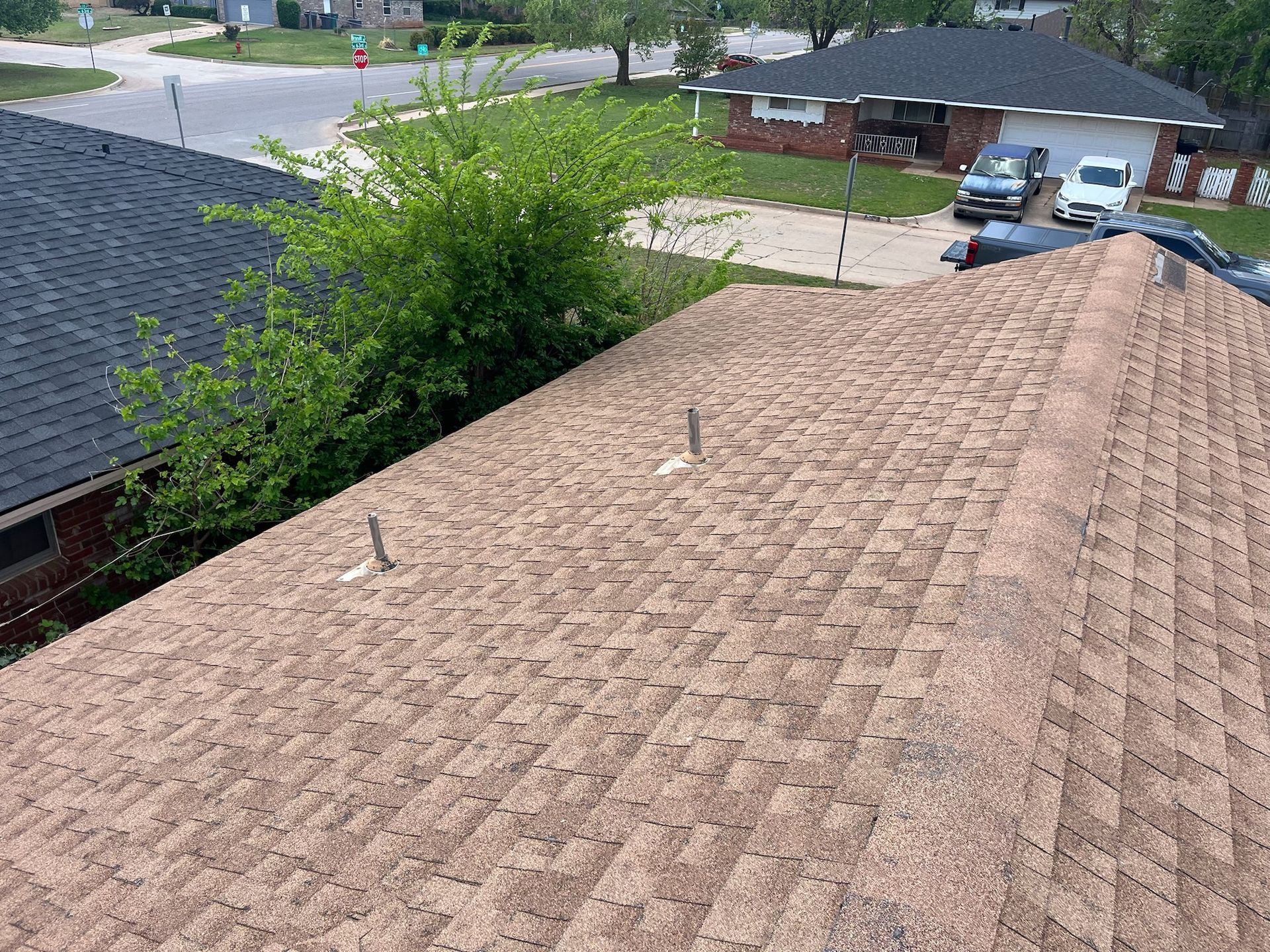 Tan shingled roof with nearby trees and houses in a suburban neighborhood