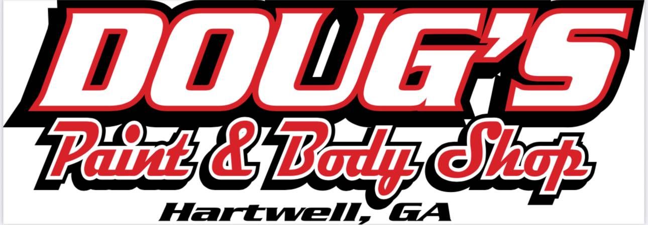 Logo for Doug’s Paint & Body Shop in Hartwell, GA, featuring bold white, red, and black text on a white background.