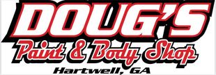 Logo for Doug’s Paint & Body Shop in Hartwell, GA, featuring bold white, red, and black text on a white background.