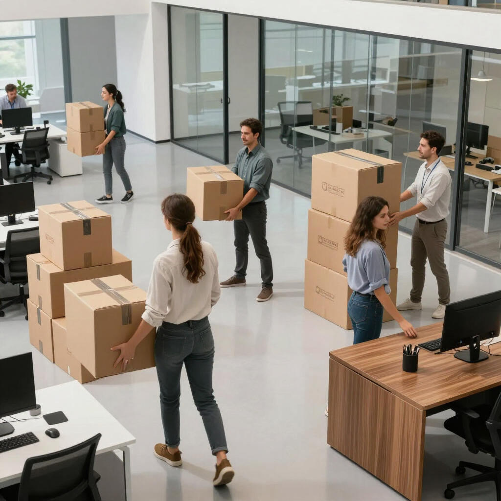 Office staff carrying cardboard boxes during a move in a modern glass-walled workspace