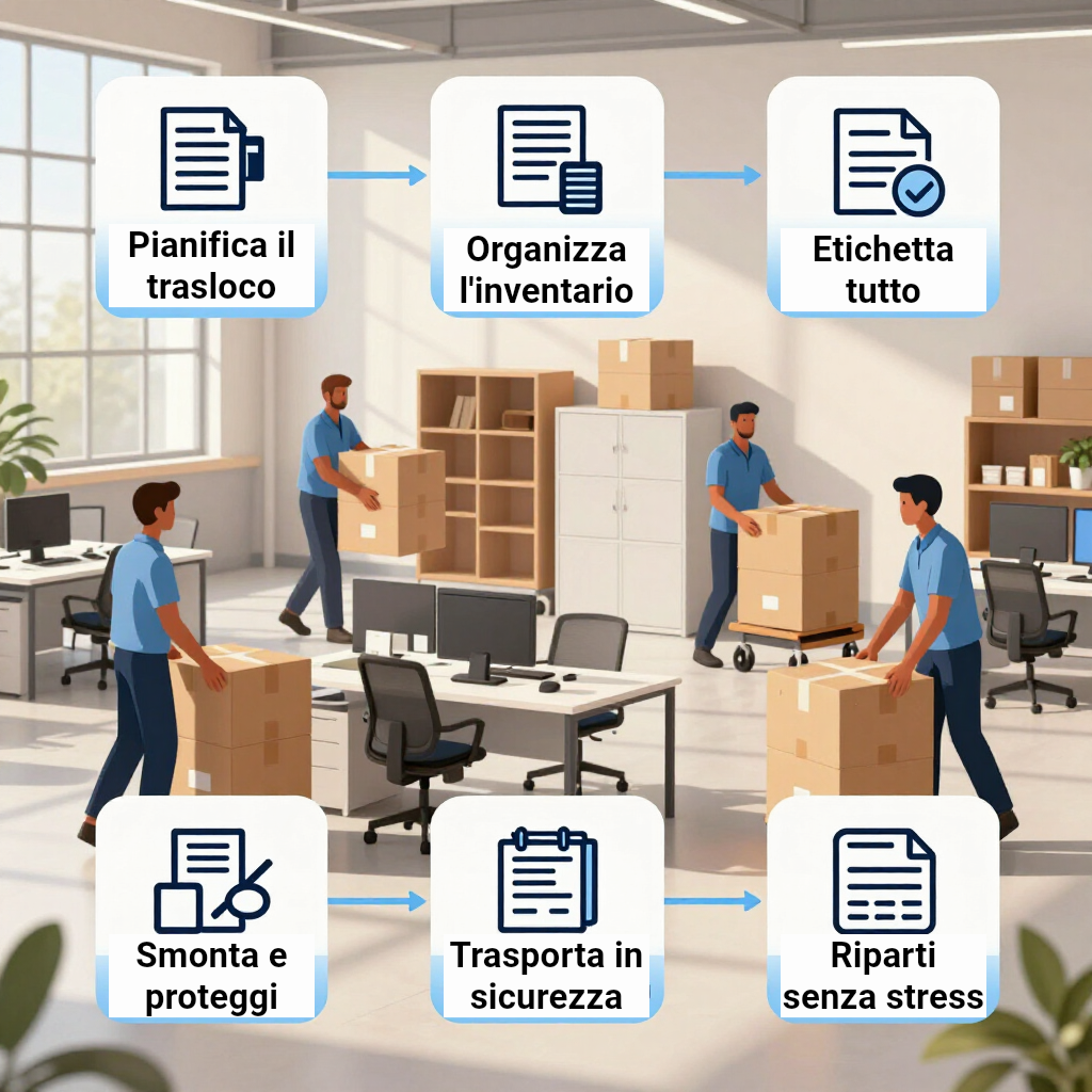 Checklist di trasloco in ufficio con operai che impacchettano scatoloni e mobili.