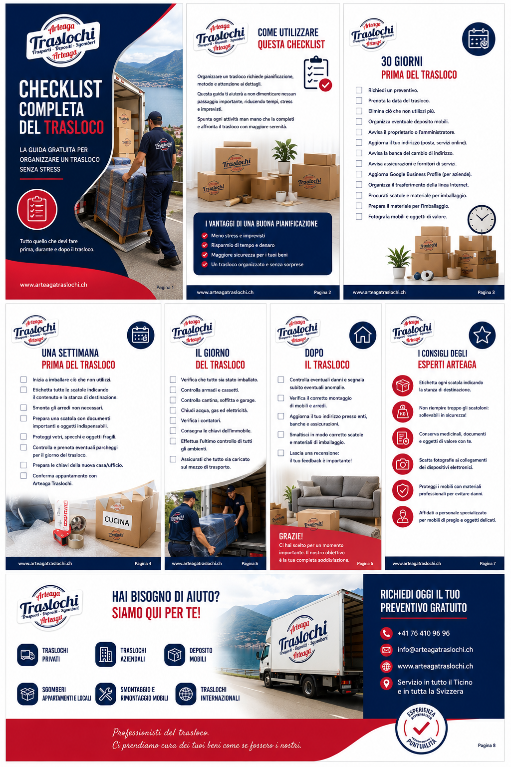 Blue and red travel brochure with checklist, delivery truck, and packing tips for international moving services