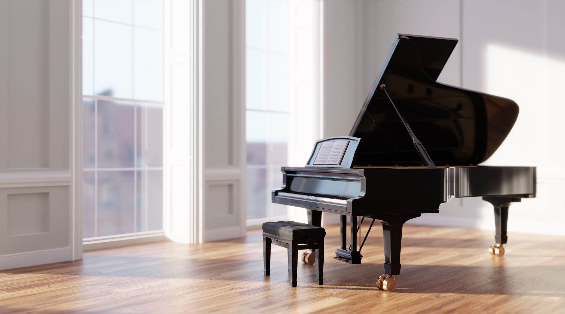 A grand piano is sitting in an empty room next to a window.