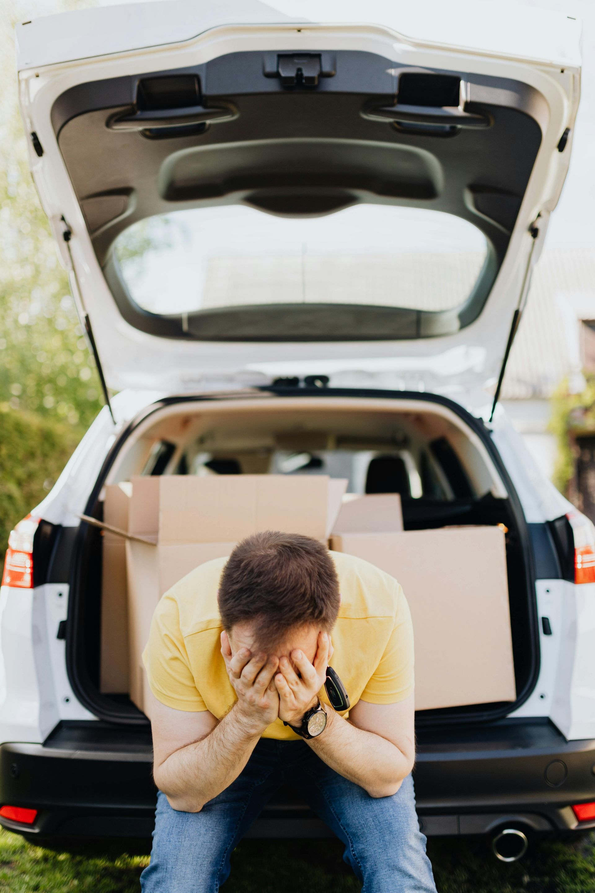 A man is kneeling in front of a car with boxes in the back.