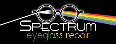 Spectrum Eyeglass Repair logo with white eyeglasses and rainbow lens on a black background