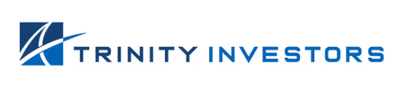 The trinity investors logo is blue and white and says trinity investors