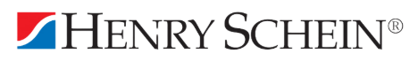 The henry schein logo is red , white and blue.