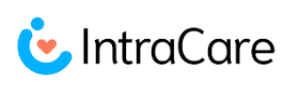 The intracare logo is blue and black with a heart in the middle.