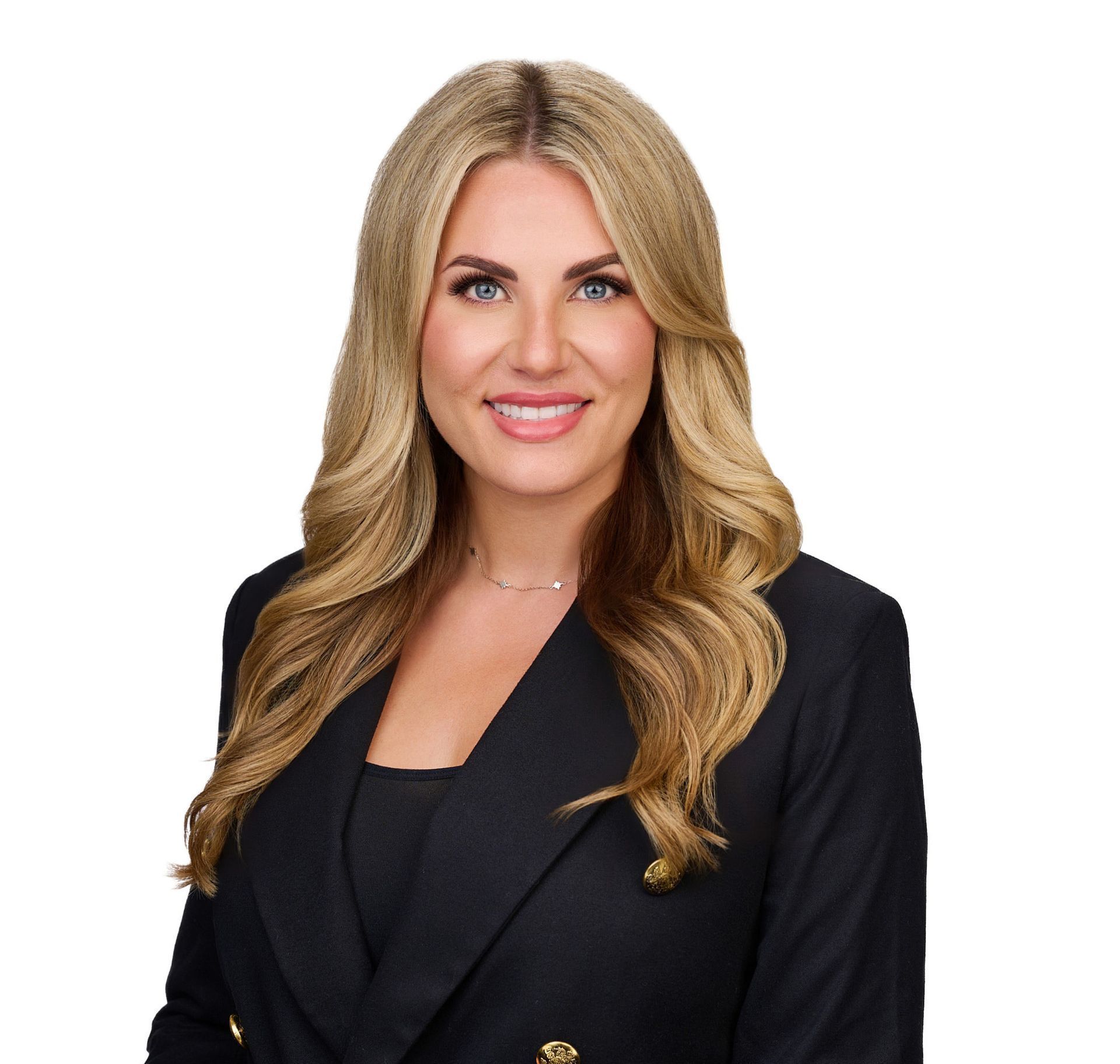 Professional headshot of a smiling blonde woman in a black blazer on a white background