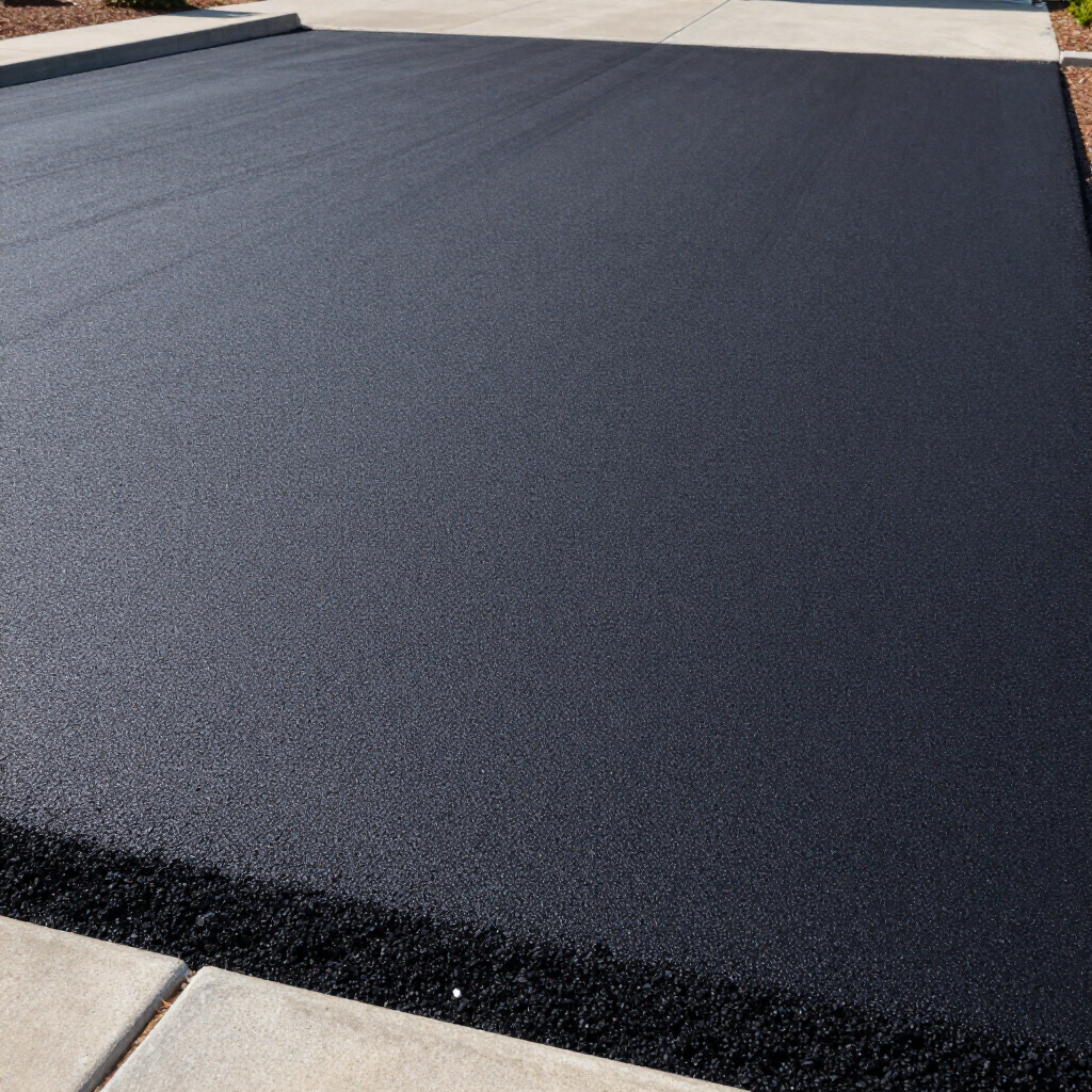 A view of freshly laid, smooth black asphalt pavement meeting light-colored concrete sections.