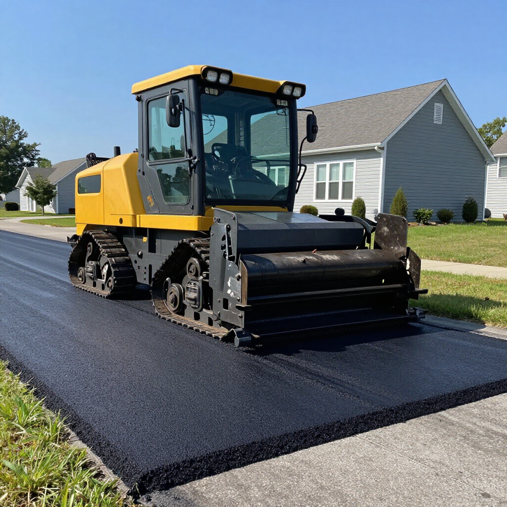 A yellow asphalt paver sits on a freshly paved black road in front of suburban houses.