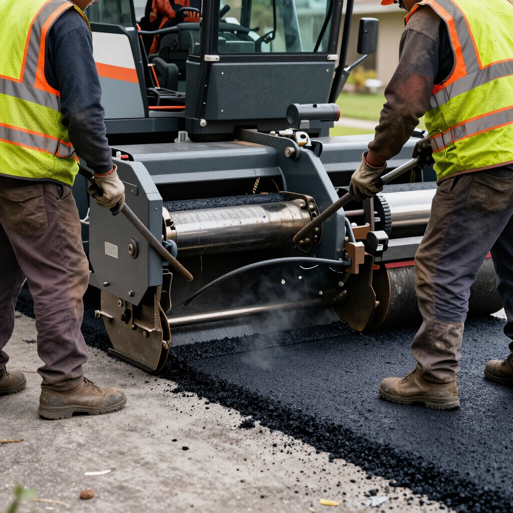 Two workers in high-visibility vests operate a paving machine to spread fresh asphalt on a road. Two workers in high-visibility vests operate a paving machine to spread fresh asphalt on a road.