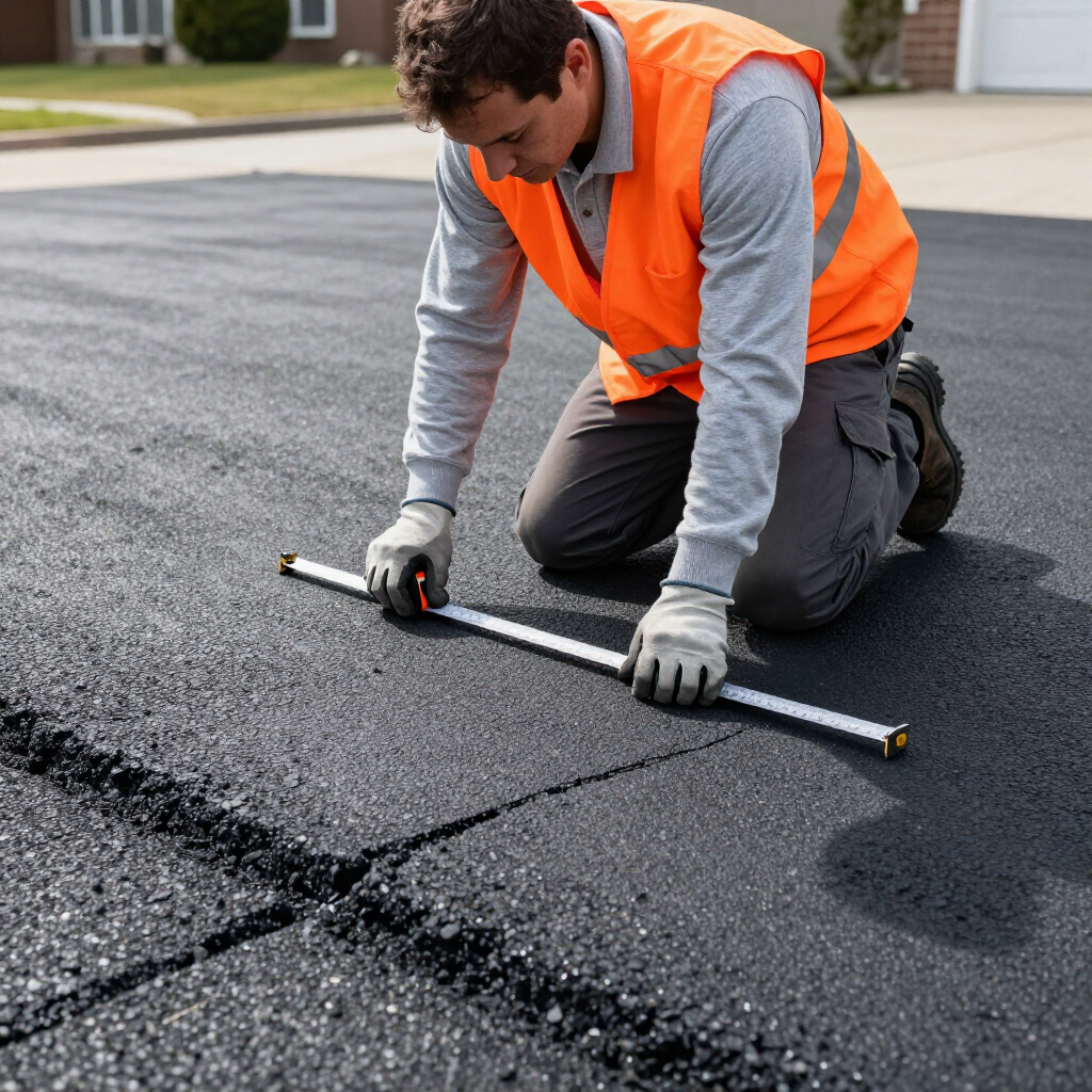 A worker in an orange safety vest kneels on a paved surface, using a measuring tool to check the width of a joint.