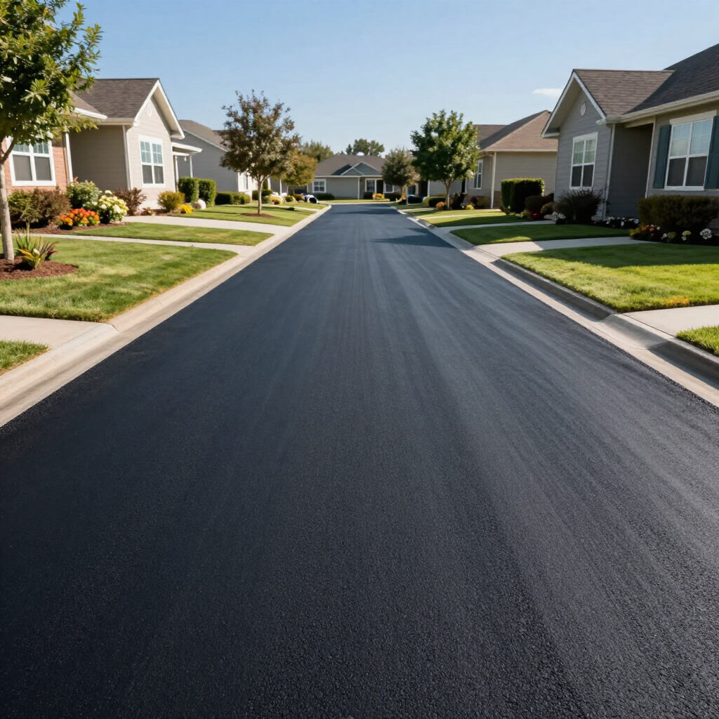 A newly paved, dark asphalt road running through the center of a suburban residential neighborhood with houses and trees. A newly paved, dark asphalt road running through the center of a suburban residential neighborhood with houses and trees.