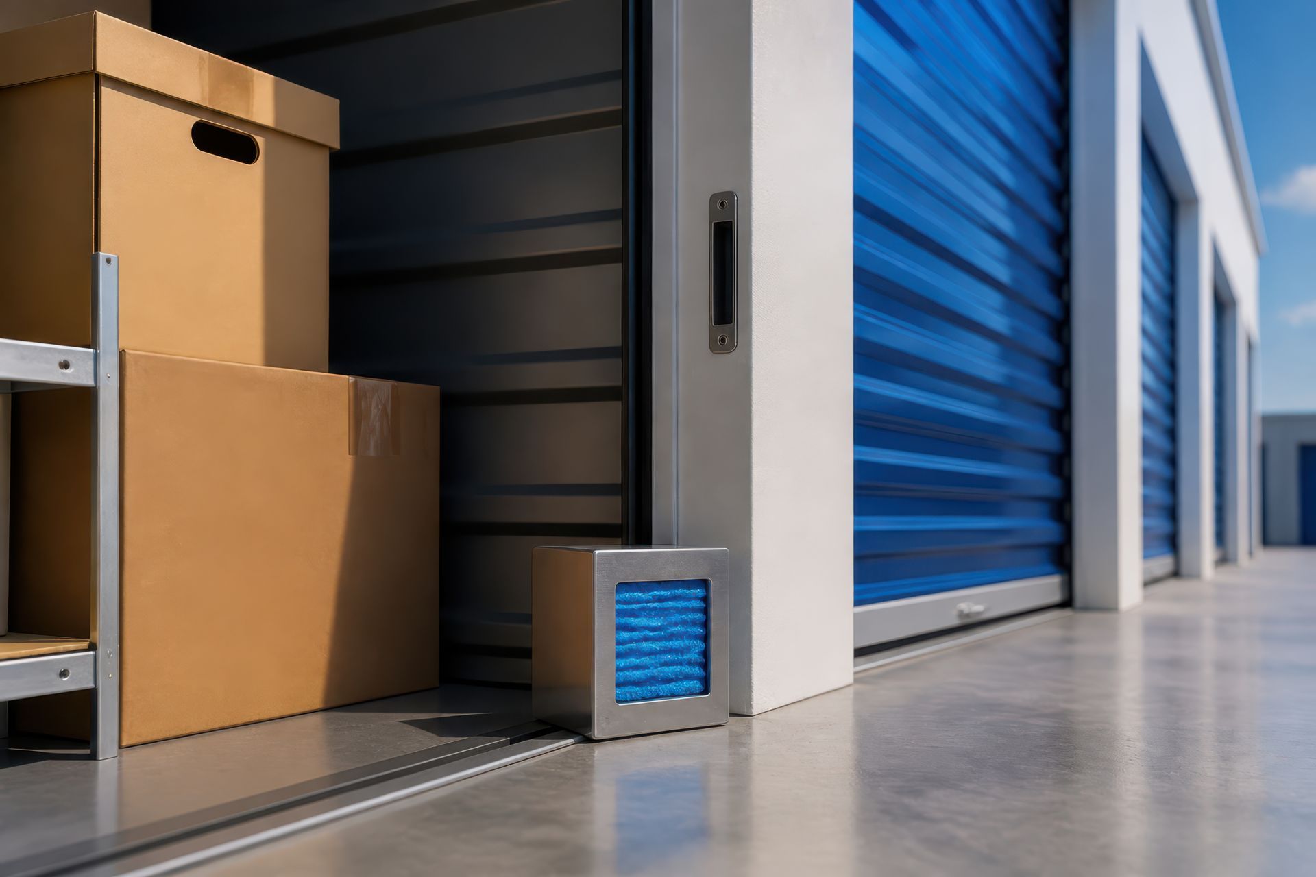 Neatly organized moving boxes and a sofa stored inside a tidy mini storage unit.