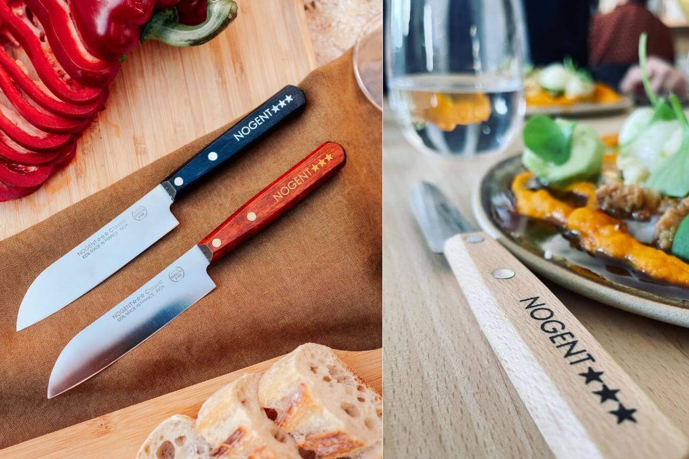 Deux couteaux sont sur une planche à découper à côté d'une assiette de nourriture.