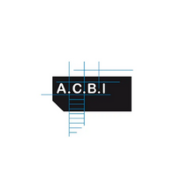 Rectangle noir avec les lettres « ACBI » en blanc. Une grille et des lignes bleues indiquent les dimensions du motif.